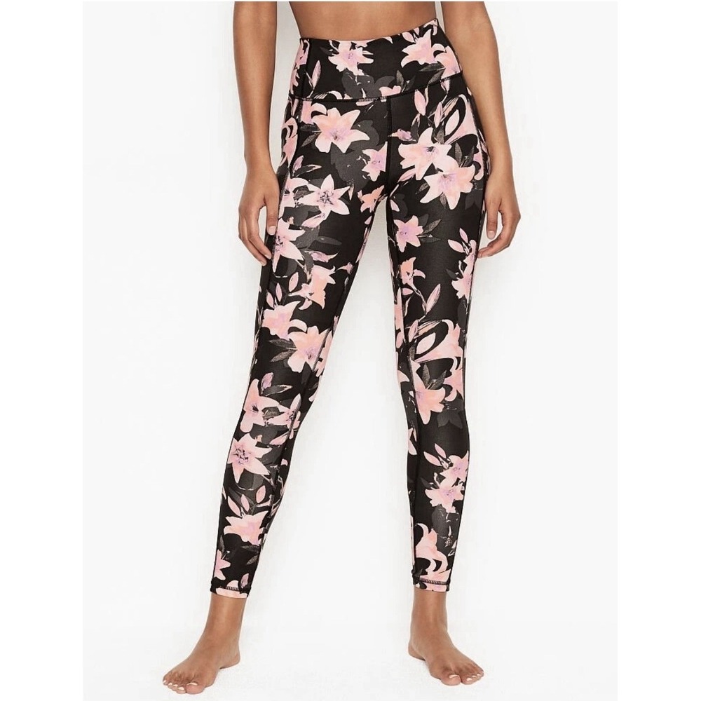 Victorias Secret Sport VSX Pink & Black Floral Hibiscus High Rise Size 10